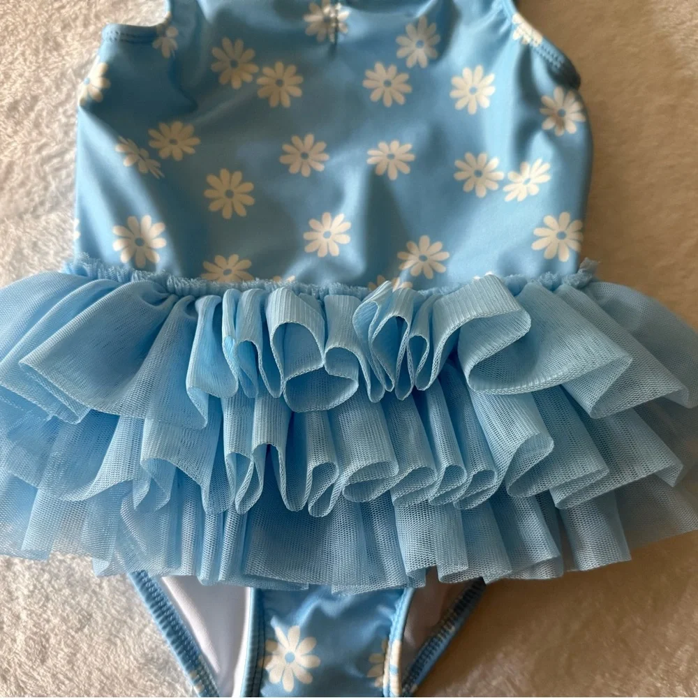 New Cat & Jack Daisy Print Blue Tutu Ruffle One Piece Swimsuit 5T nwot - Picture 3 of 8